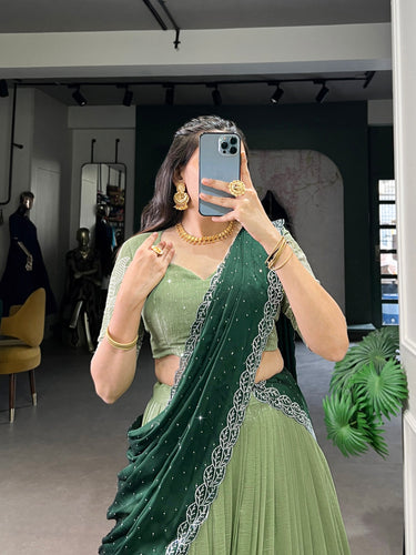Pista Glamorous Silver Glossy Embroidered Lehenga Set with Hotfix Detailing ClothsVilla
