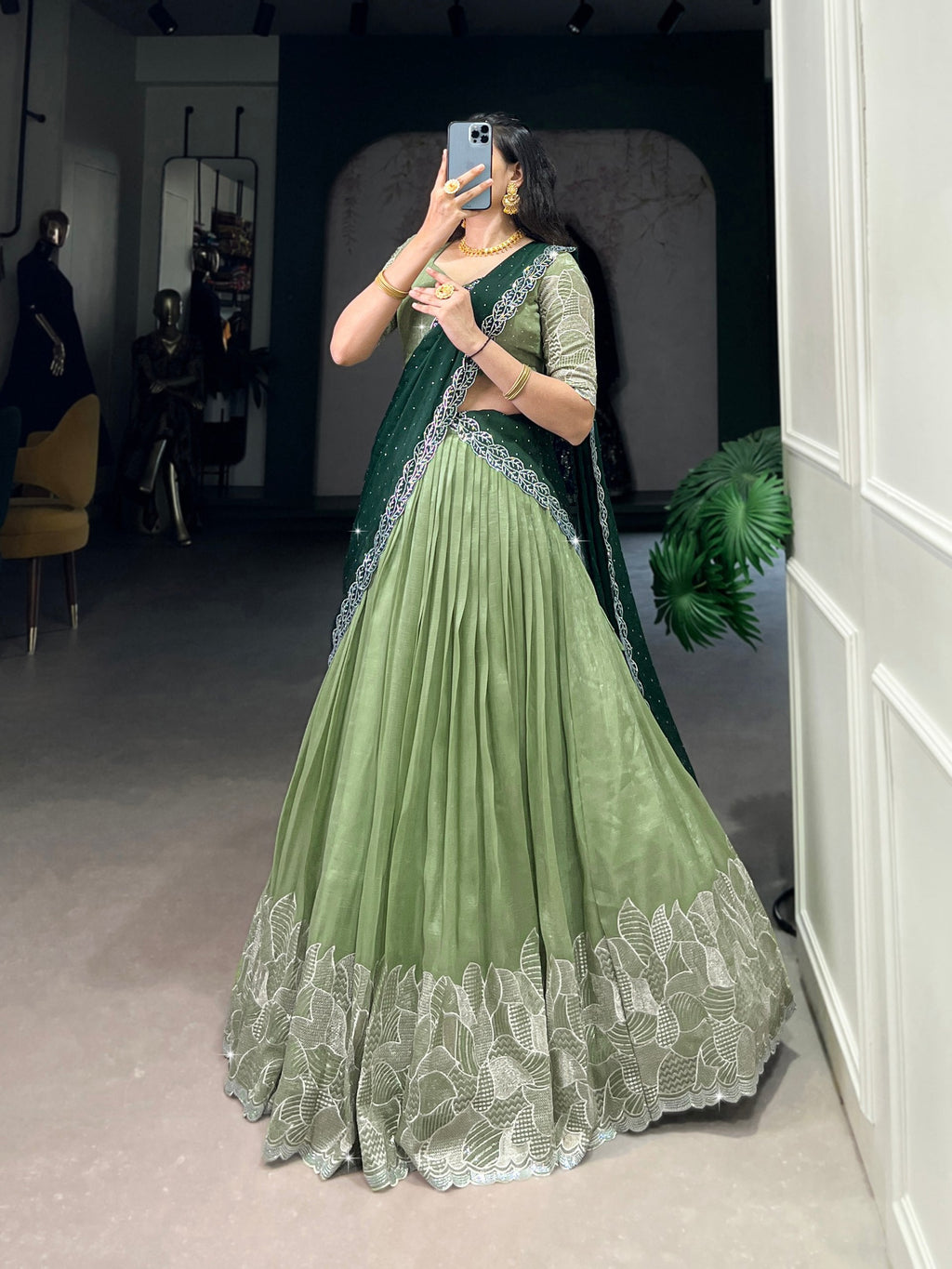 Pista Glamorous Silver Glossy Embroidered Lehenga Set with Hotfix Detailing ClothsVilla