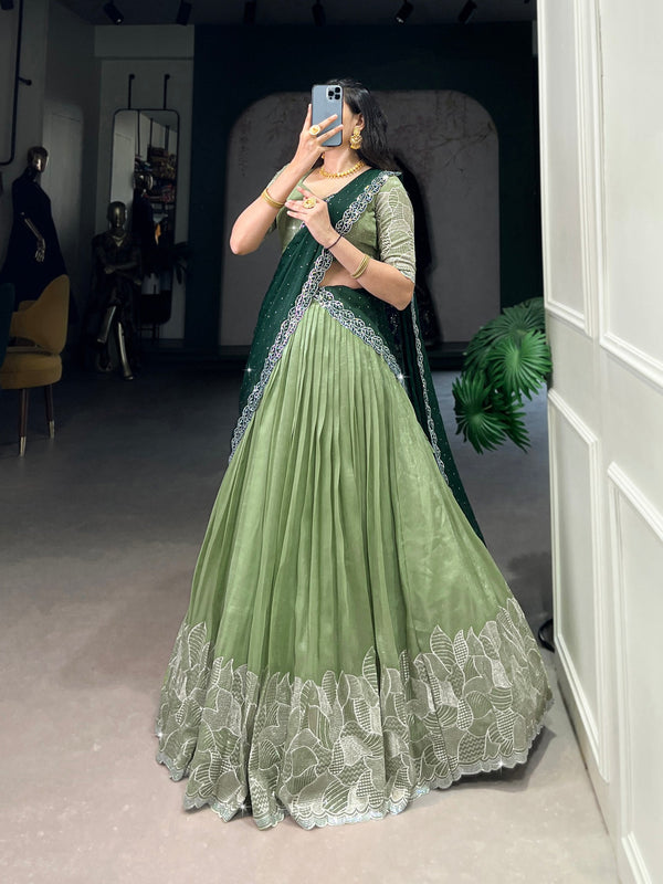 Pista Glamorous Silver Glossy Embroidered Lehenga Set with Hotfix Detailing ClothsVilla