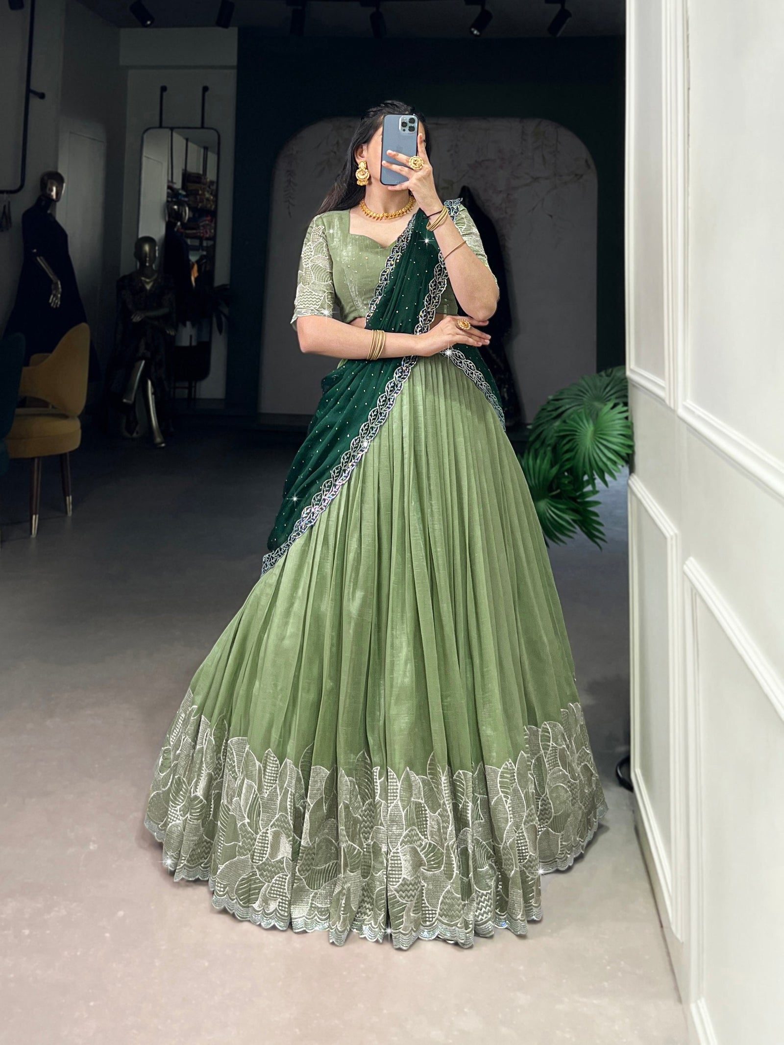 Pista Glamorous Silver Glossy Embroidered Lehenga Set with Hotfix Detailing ClothsVilla