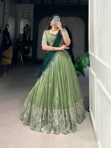 Pista Glamorous Silver Glossy Embroidered Lehenga Set with Hotfix Detailing ClothsVilla