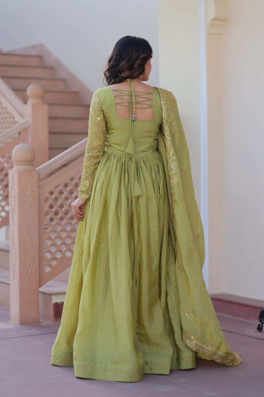 Pista Gold Crush Fabric Embroidered Gown Set with Matching Dupatta – Sequins & Multi Thread Work Clothsvilla
