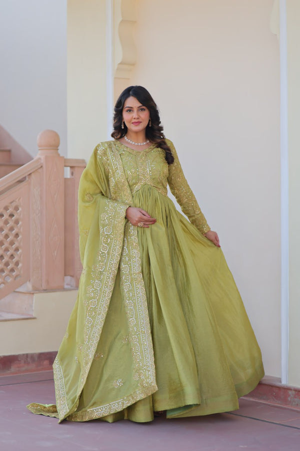 Pista Gold Crush Fabric Embroidered Gown Set with Matching Dupatta – Sequins & Multi Thread Work Clothsvilla