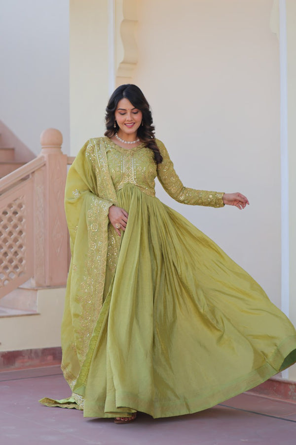 Pista Gold Crush Fabric Embroidered Gown Set with Matching Dupatta – Sequins & Multi Thread Work Clothsvilla