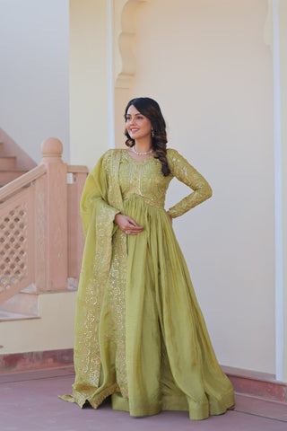 Pista Gold Crush Fabric Embroidered Gown Set with Matching Dupatta – Sequins & Multi Thread Work Clothsvilla