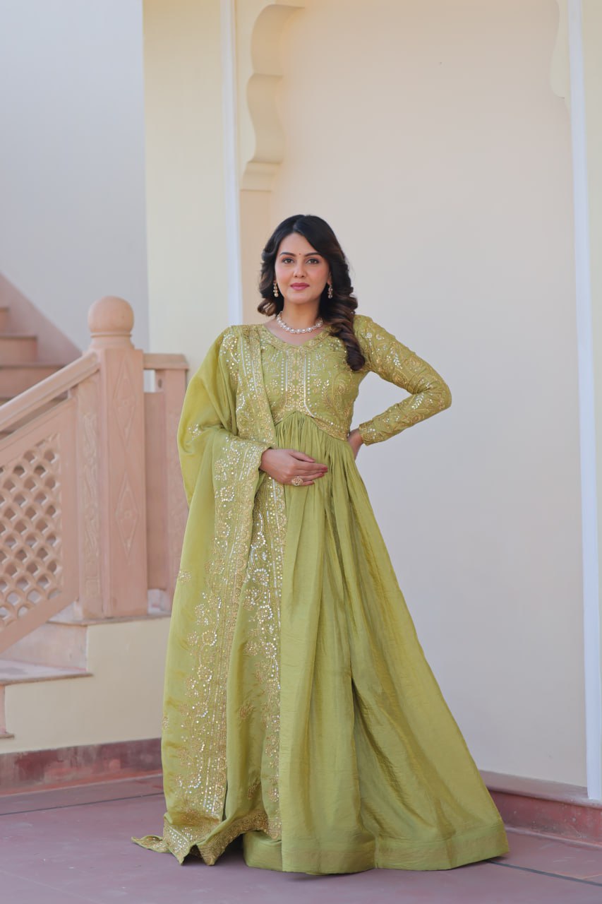 Pista Gold Crush Fabric Embroidered Gown Set with Matching Dupatta – Sequins & Multi Thread Work Clothsvilla