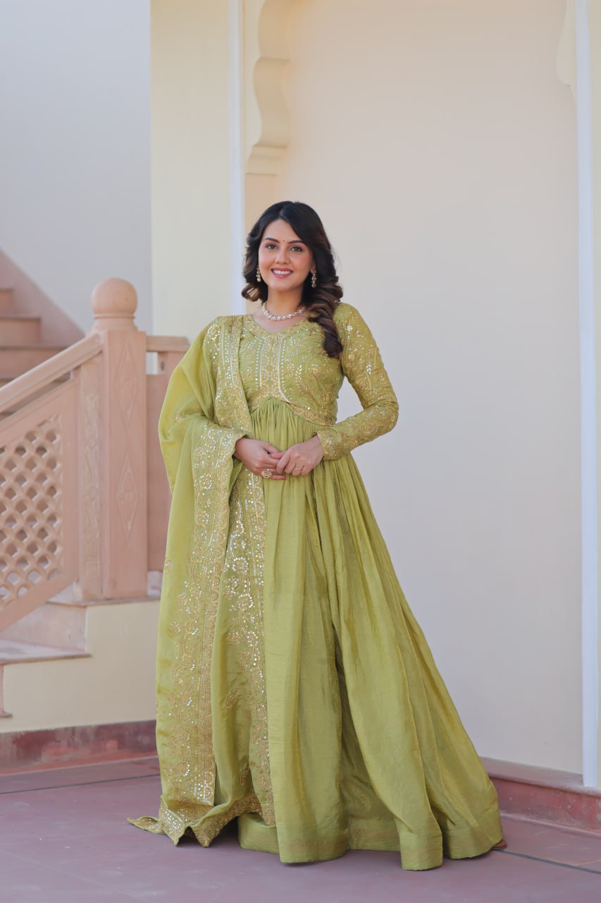 Pista Gold Crush Fabric Embroidered Gown Set with Matching Dupatta – Sequins & Multi Thread Work Clothsvilla