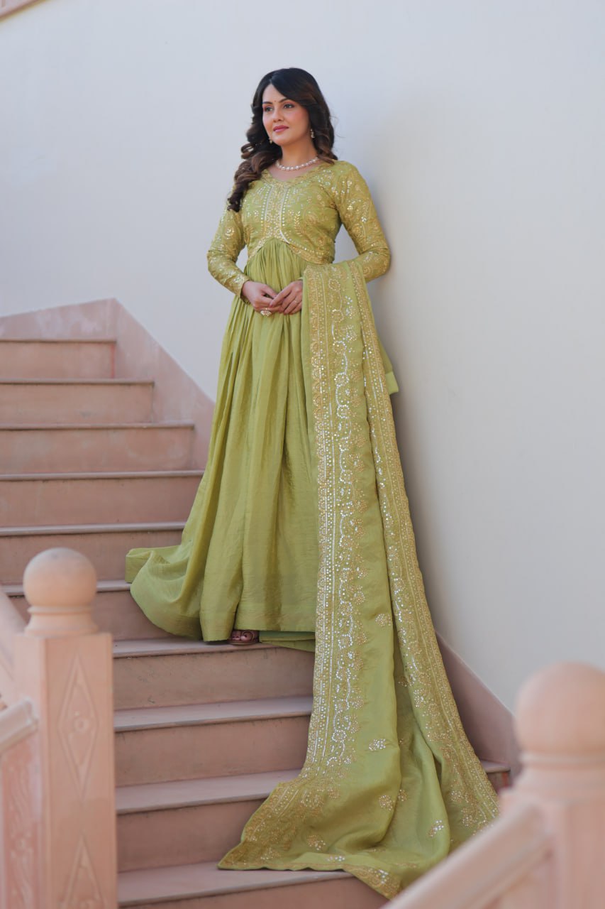 Pista Gold Crush Fabric Embroidered Gown Set with Matching Dupatta – Sequins & Multi Thread Work Clothsvilla
