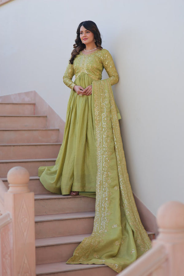 Pista Gold Crush Fabric Embroidered Gown Set with Matching Dupatta – Sequins & Multi Thread Work Clothsvilla