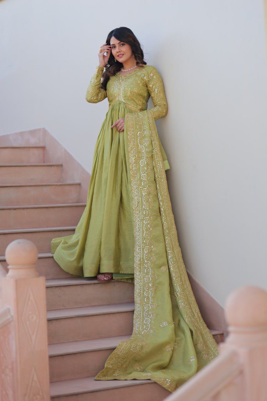 Pista Gold Crush Fabric Embroidered Gown Set with Matching Dupatta – Sequins & Multi Thread Work Clothsvilla