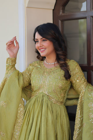 Pista Gold Crush Fabric Embroidered Gown Set with Matching Dupatta – Sequins & Multi Thread Work Clothsvilla