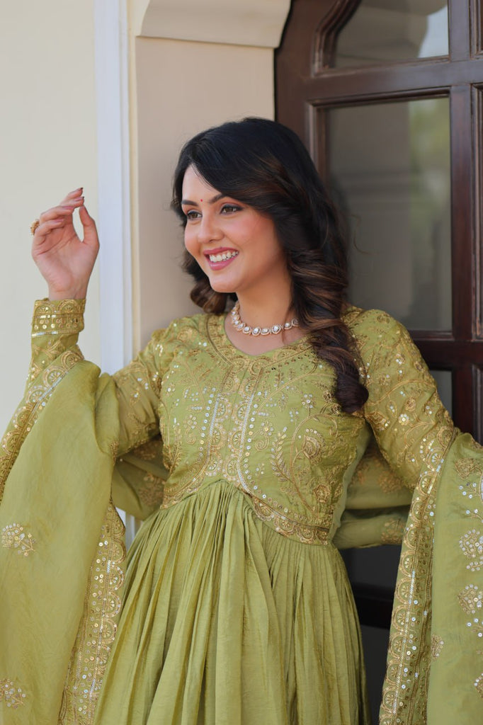 Pista Gold Crush Fabric Embroidered Gown Set with Matching Dupatta – Sequins & Multi Thread Work Clothsvilla