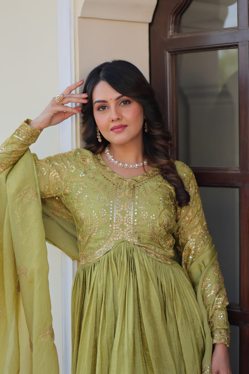 Pista Gold Crush Fabric Embroidered Gown Set with Matching Dupatta – Sequins & Multi Thread Work Clothsvilla