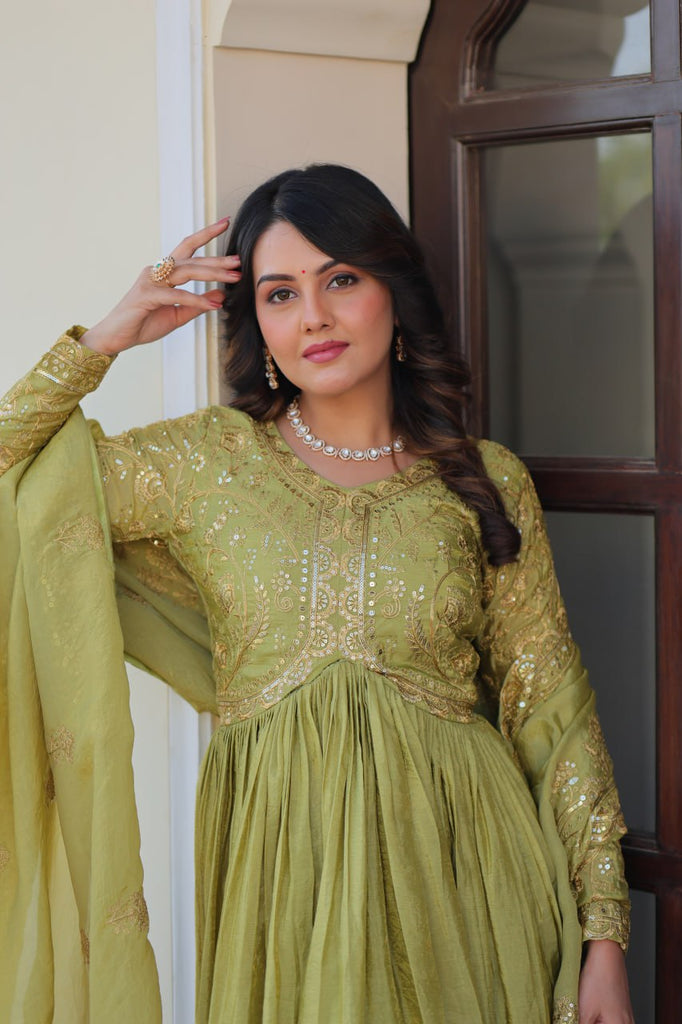 Pista Gold Crush Fabric Embroidered Gown Set with Matching Dupatta – Sequins & Multi Thread Work Clothsvilla