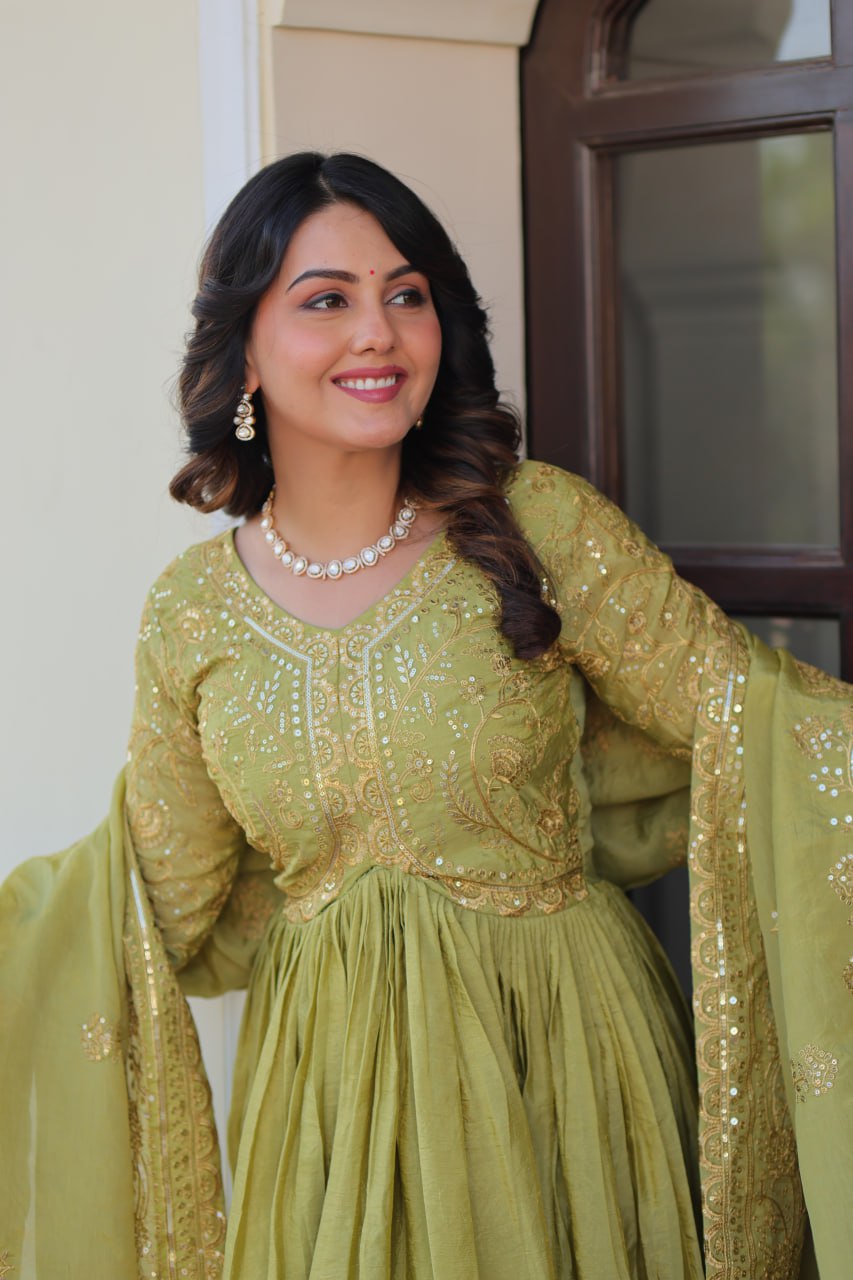 Pista Gold Crush Fabric Embroidered Gown Set with Matching Dupatta – Sequins & Multi Thread Work Clothsvilla