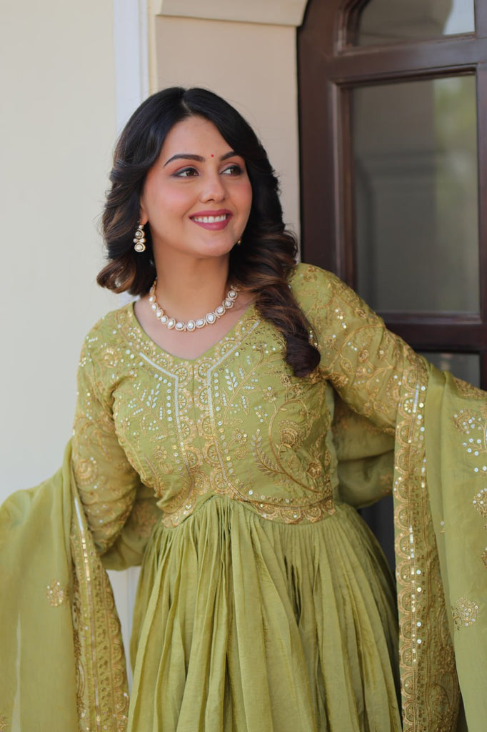 Pista Gold Crush Fabric Embroidered Gown Set with Matching Dupatta – Sequins & Multi Thread Work Clothsvilla