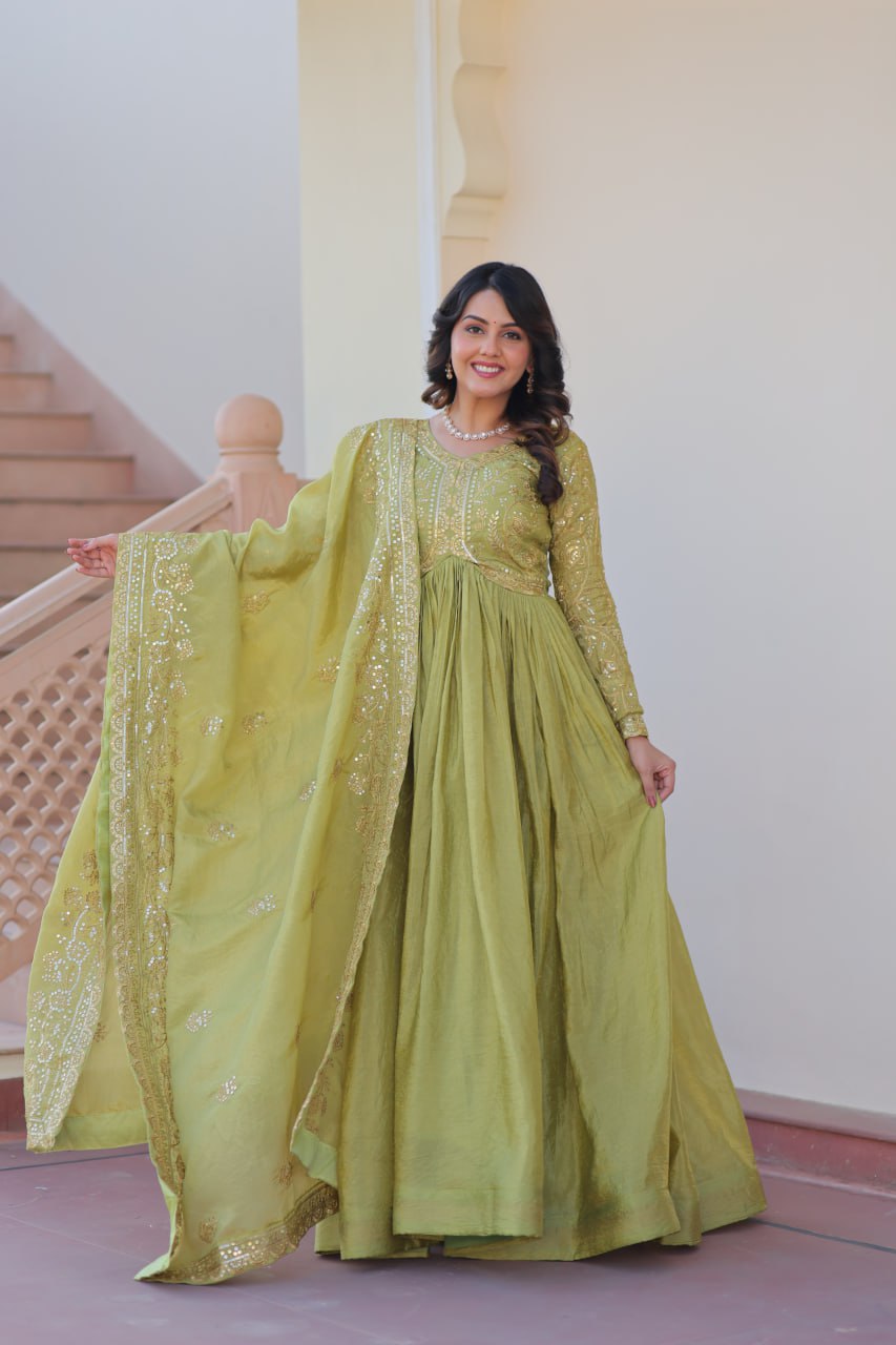 Pista Gold Crush Fabric Embroidered Gown Set with Matching Dupatta – Sequins & Multi Thread Work Clothsvilla