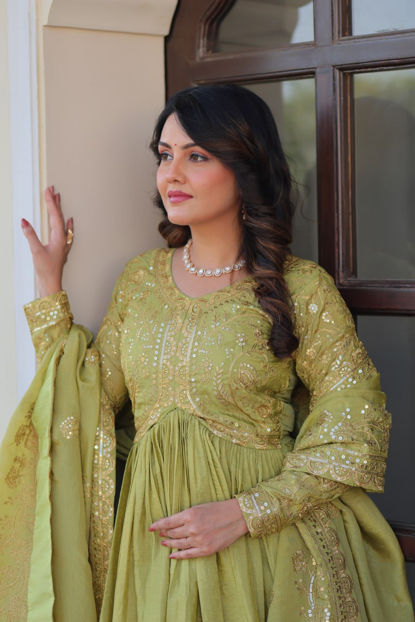 Pista Gold Crush Fabric Embroidered Gown Set with Matching Dupatta – Sequins & Multi Thread Work Clothsvilla