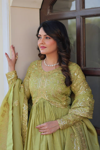 Pista Gold Crush Fabric Embroidered Gown Set with Matching Dupatta – Sequins & Multi Thread Work Clothsvilla