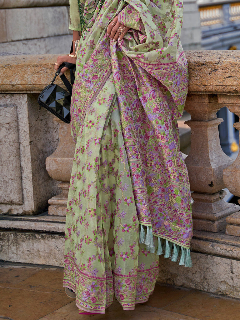 Pista Graceful Organza Silk Parsi Handloom Weaving Saree with Blouse Piece ClothsVilla