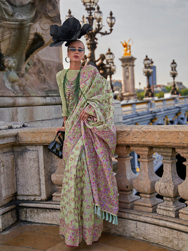 Pista Graceful Organza Silk Parsi Handloom Weaving Saree with Blouse Piece ClothsVilla