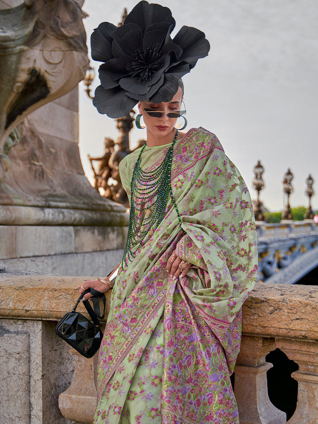 Pista Graceful Organza Silk Parsi Handloom Weaving Saree with Blouse Piece ClothsVilla
