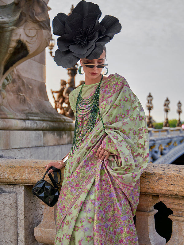 Pista Graceful Organza Silk Parsi Handloom Weaving Saree with Blouse Piece ClothsVilla