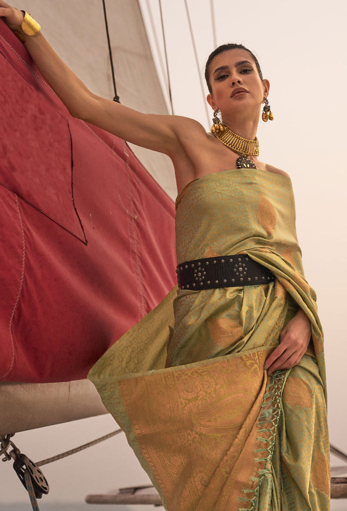 Pista Graceful Silk Blend Kanjivaram Saree with Tassel Detailing ClothsVilla