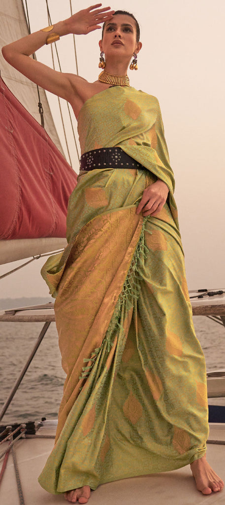 Pista Graceful Silk Blend Kanjivaram Saree with Tassel Detailing ClothsVilla