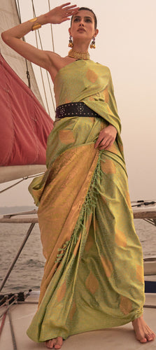 Pista Graceful Silk Blend Kanjivaram Saree with Tassel Detailing ClothsVilla