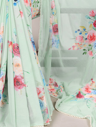 Pista Graceful Weightless Marble Saree with Floral Print & Pearl Lace Border – Includes Banglory Blouse Piece ClothsVilla