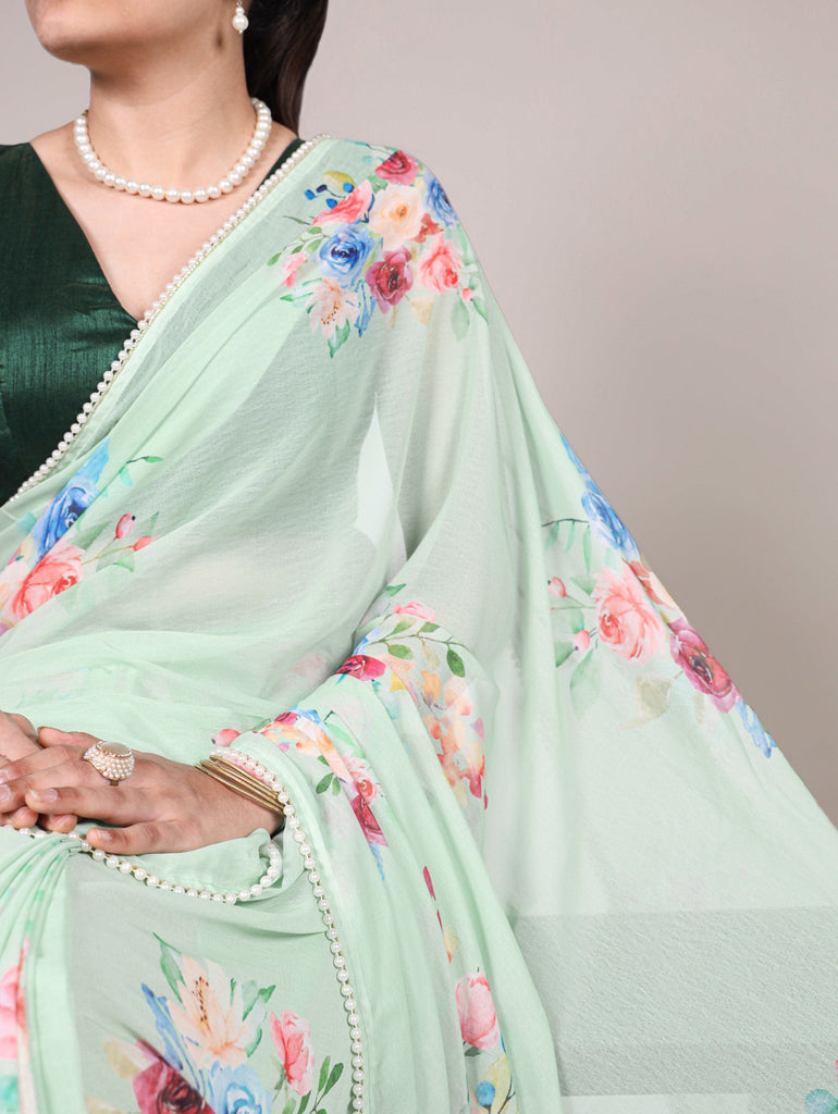 Pista Graceful Weightless Marble Saree with Floral Print & Pearl Lace Border – Includes Banglory Blouse Piece ClothsVilla