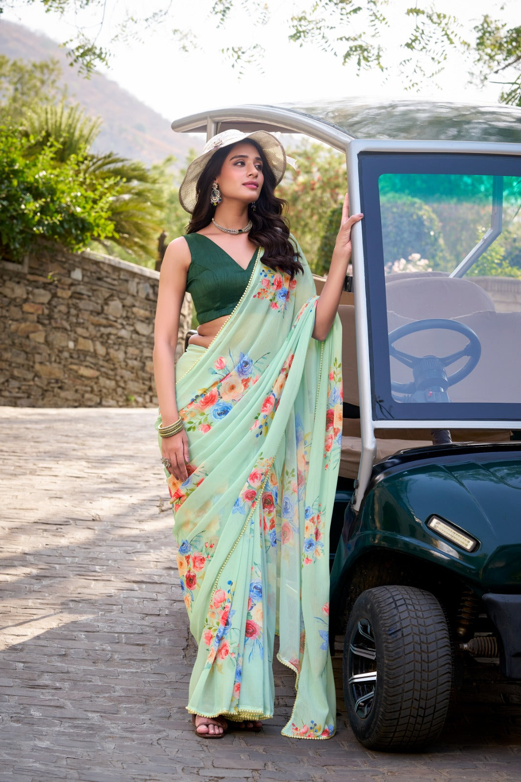 Pista Graceful Weightless Marble Saree with Floral Print & Pearl Lace Border – Includes Banglory Blouse Piece ClothsVilla Main image