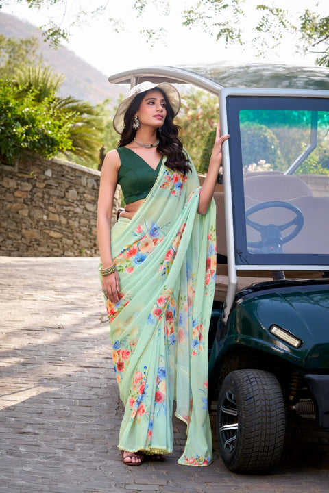 Pista Graceful Weightless Marble Saree with Floral Print & Pearl Lace Border – Includes Banglory Blouse Piece ClothsVilla Main image
