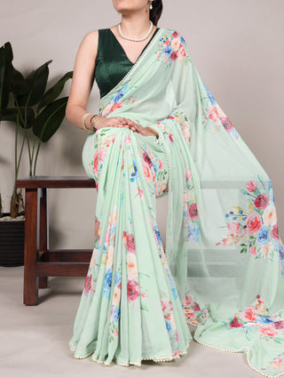 Pista Graceful Weightless Marble Saree with Floral Print & Pearl Lace Border – Includes Banglory Blouse Piece ClothsVilla