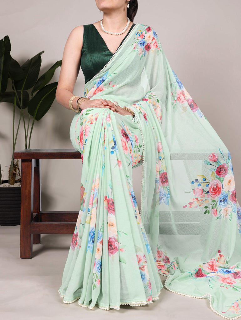 Pista Graceful Weightless Marble Saree with Floral Print & Pearl Lace Border – Includes Banglory Blouse Piece ClothsVilla