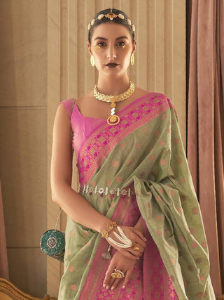 Pista Graceful Woven Banarasi Silk Blend Saree with Tassel Detailing ClothsVilla
