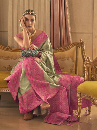 Pista Graceful Woven Banarasi Silk Blend Saree with Tassel Detailing ClothsVilla