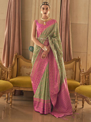 Pista Graceful Woven Banarasi Silk Blend Saree with Tassel Detailing ClothsVilla