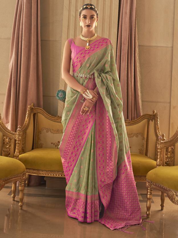 Pista Graceful Woven Banarasi Silk Blend Saree with Tassel Detailing ClothsVilla