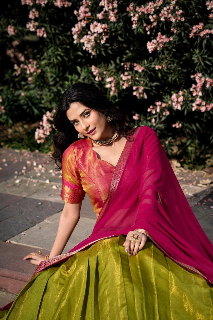 Pista Green Breathtaking South-Indian Kanchipuram Silk Lehen Pista Green Breathtaking South-Indian Kanchipuram Silk Lehen