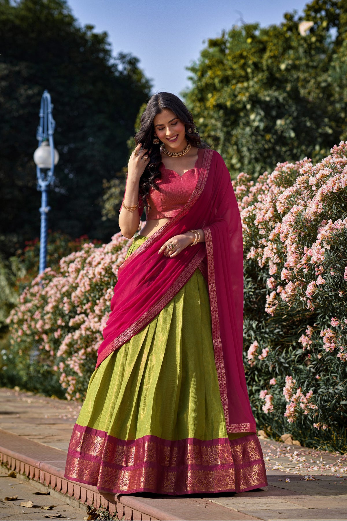 Pista Green Breathtaking South-Indian Kanchipuram Silk Lehenga Choli Set with Zari Weaving ClothsVilla Main image
