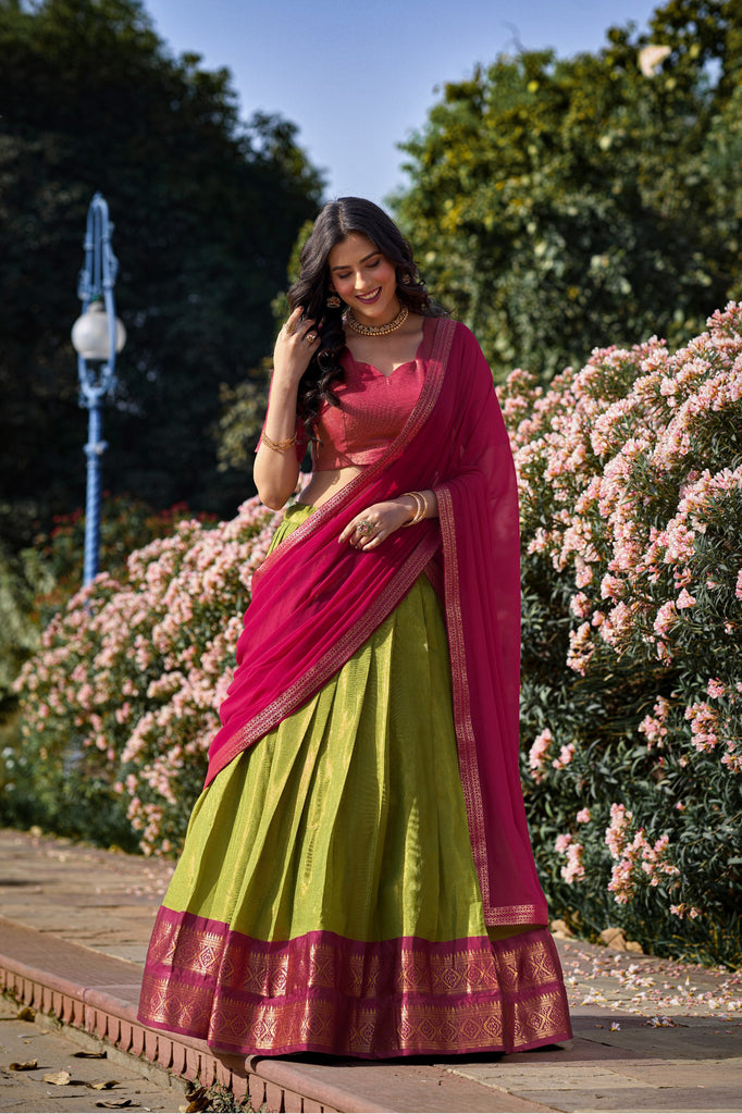 Pista Green Breathtaking South-Indian Kanchipuram Silk Lehen Pista Green Breathtaking South-Indian Kanchipuram Silk Lehen