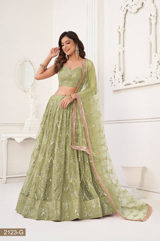 Pista Green Butterfly Net Lehenga with Tone-to-Tone Thread Work and Mirror Embroidery ClothsVilla