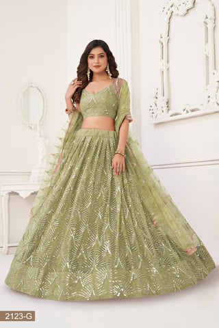 Pista Green Butterfly Net Lehenga with Tone-to-Tone Thread Work and Mirror Embroidery ClothsVilla