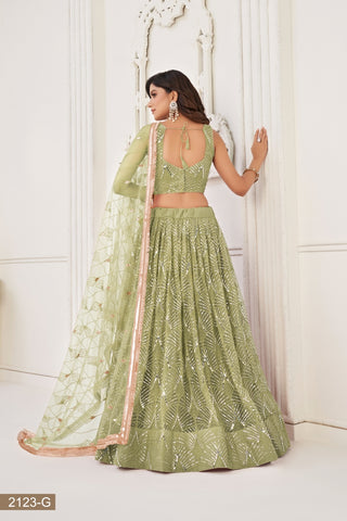 Pista Green Butterfly Net Lehenga with Tone-to-Tone Thread Work and Mirror Embroidery ClothsVilla