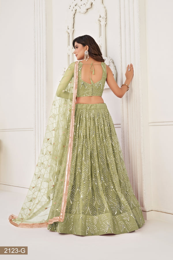 Pista Green Butterfly Net Lehenga with Tone-to-Tone Thread Work and Mirror Embroidery ClothsVilla