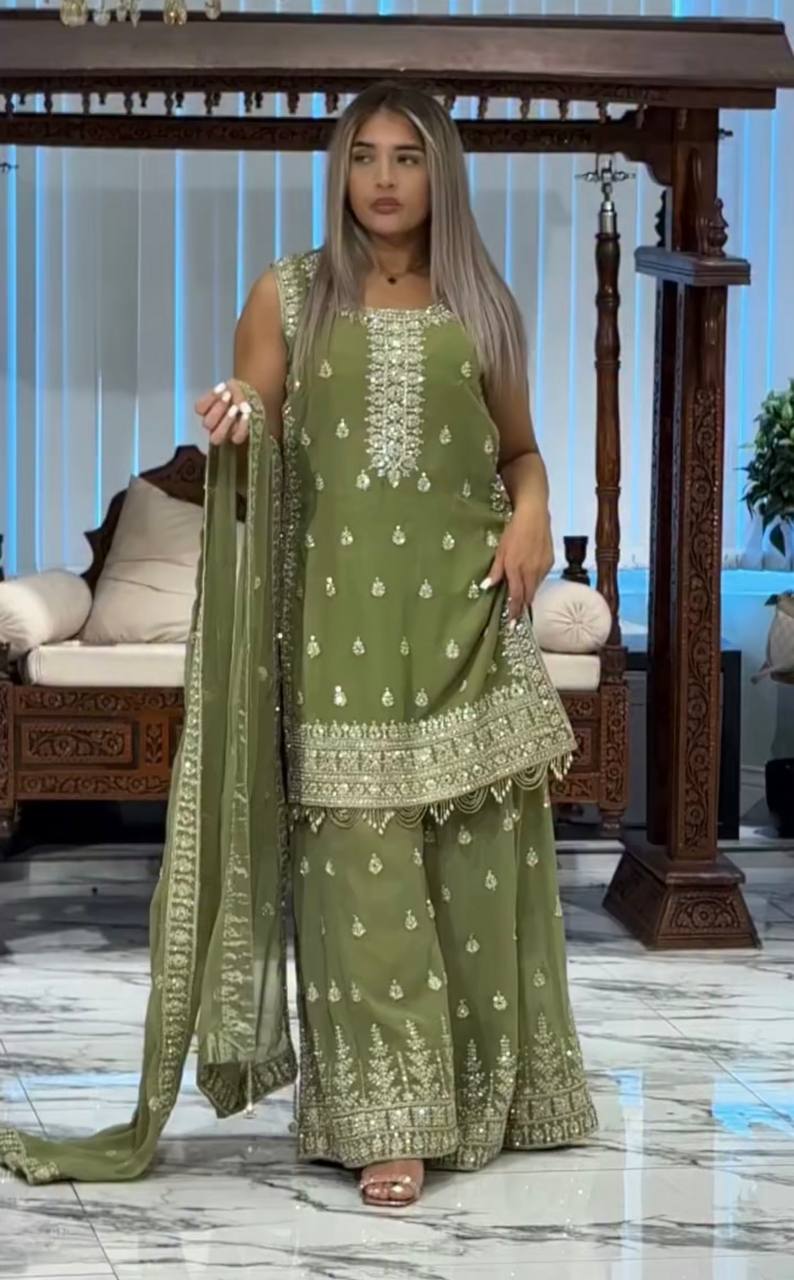Pista Designer Heavy Faux Georgette Embroidered Plazzo Set with Dupatta ClothsVilla