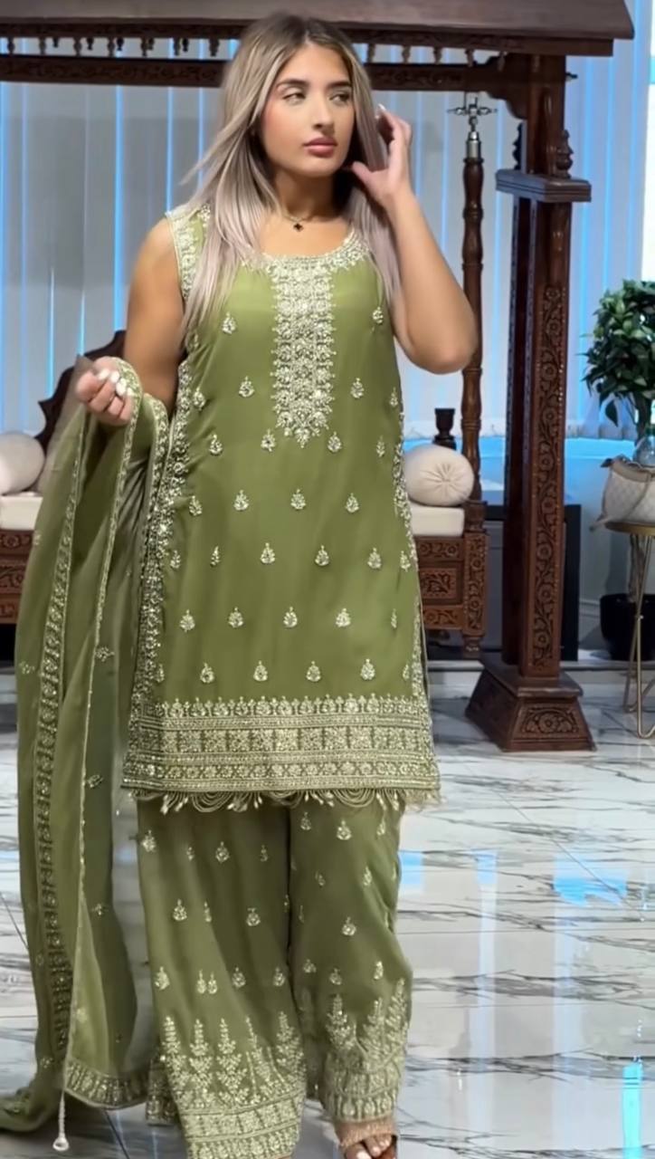 Pista Designer Heavy Faux Georgette Embroidered Plazzo Set with Dupatta ClothsVilla