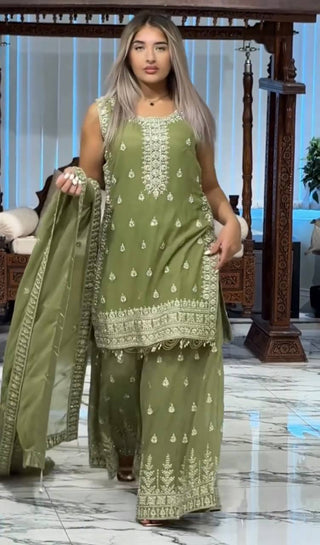 Pista Designer Heavy Faux Georgette Embroidered Plazzo Set with Dupatta ClothsVilla